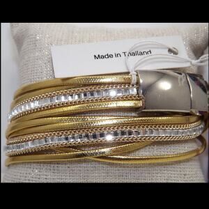 Thailand Leather Rhinestone Bracelet, Gold Leather, Crystal Rhinestone, NWT, 15"